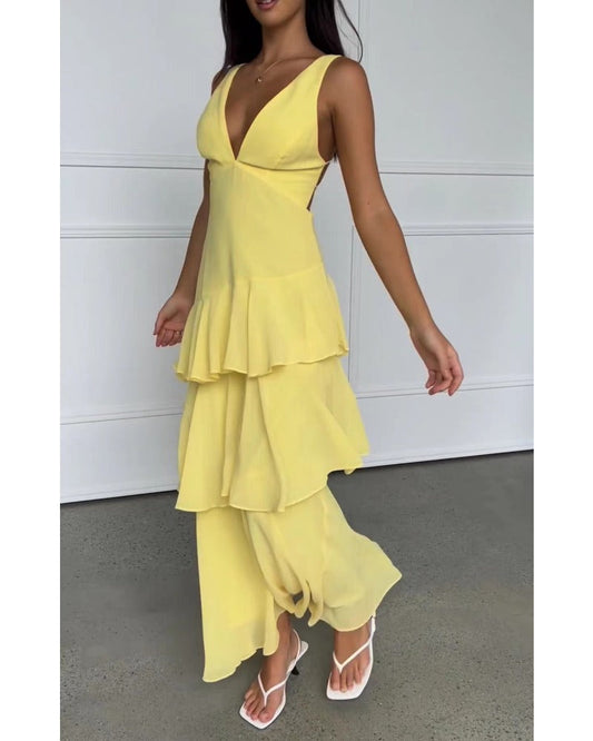 2024ss sexy deep V floundered beach dress