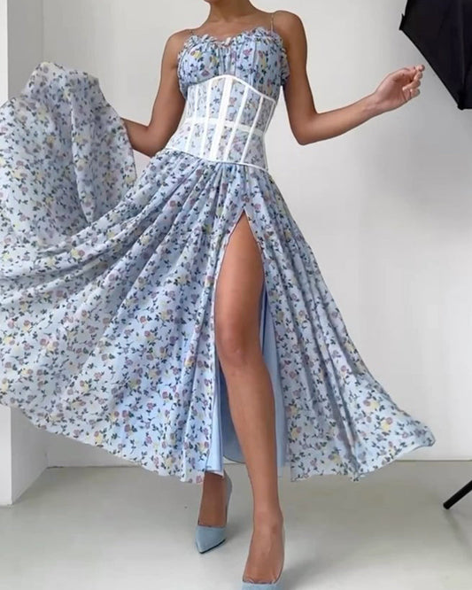 Sexy Split Floral Print Strap Long Dress(excluding corset)