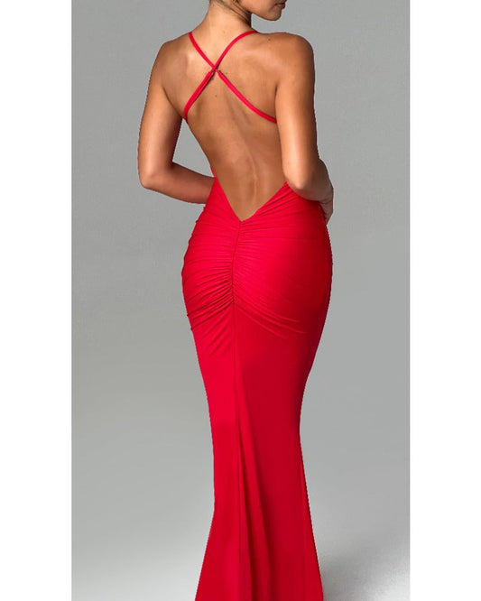 2024ss solid color sexy halter deep V dress