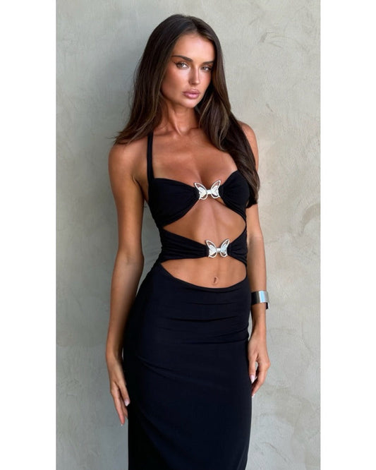 2024ss sexy black with empty bow dress