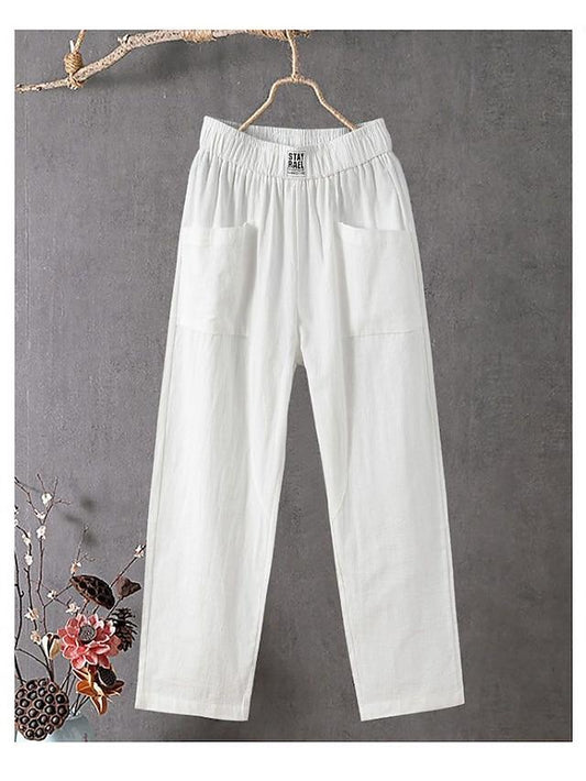 Women's Slacks Baggy Cropped Ankle-Length Linen Pocket Elastic Mid Waist Pants