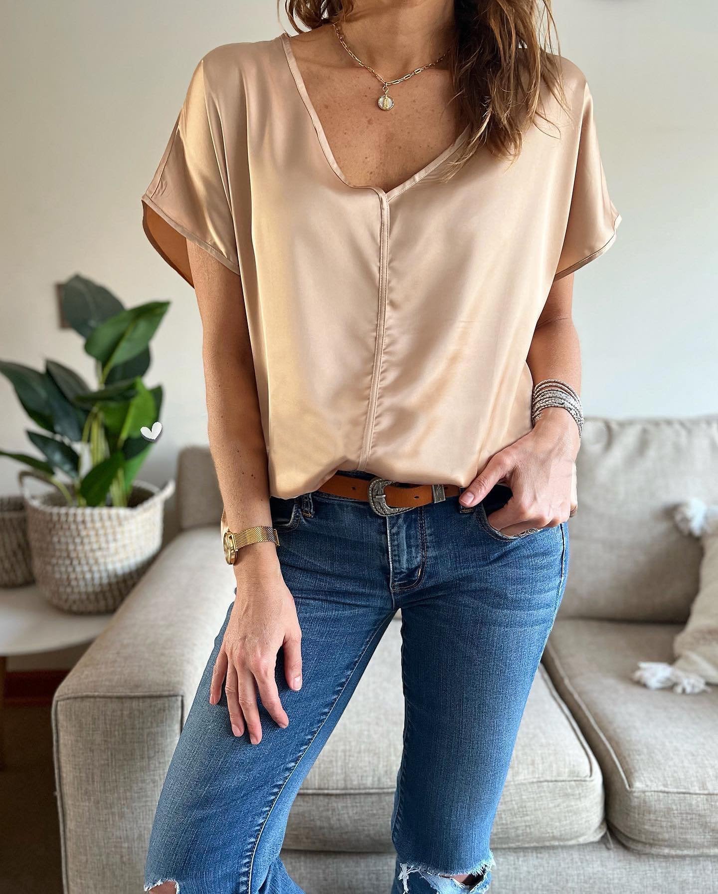 Women's Casual Solid Color V Neck Satin Blouse