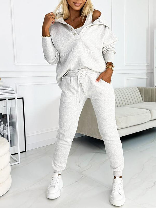 Women's Fashionable Solid Color Hooded Sweatshirt 3-piece Set