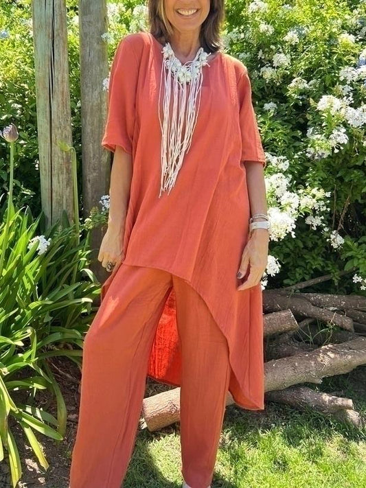 Women's Casual Solid Color Linen Top and Wide Leg Pants Set