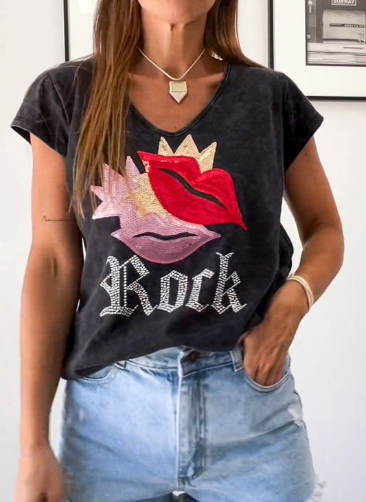V-neck Sequin Graphic T-shirt