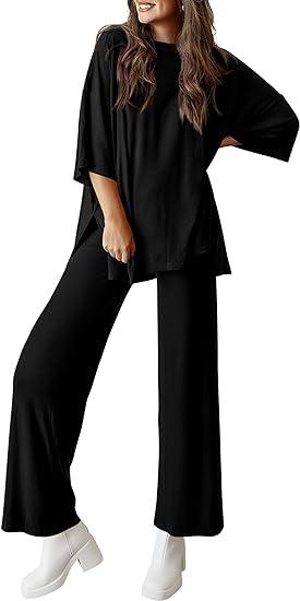 Women's Casual 2 Piece Outfits Short Sleeve Pullover Tops and Wide Leg Pants Lounge Sets