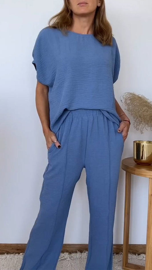 Cotton and Linen Round Neck Two-piece Suit