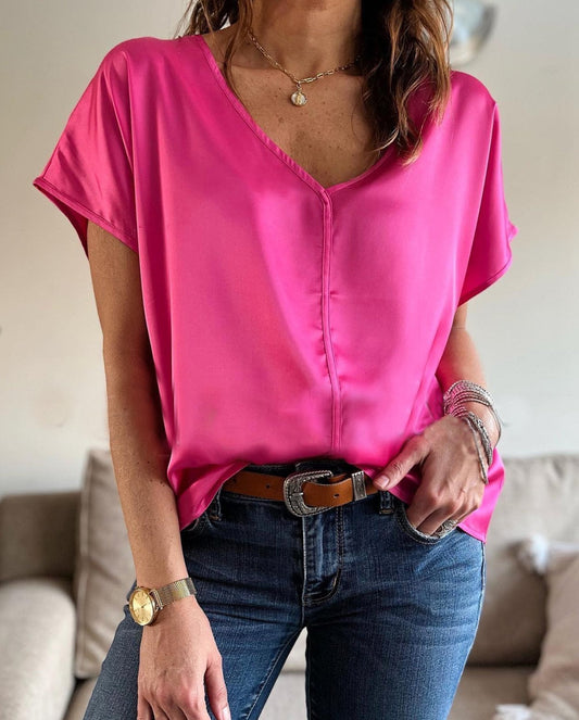 Women's Casual Solid Color V Neck Satin Blouse