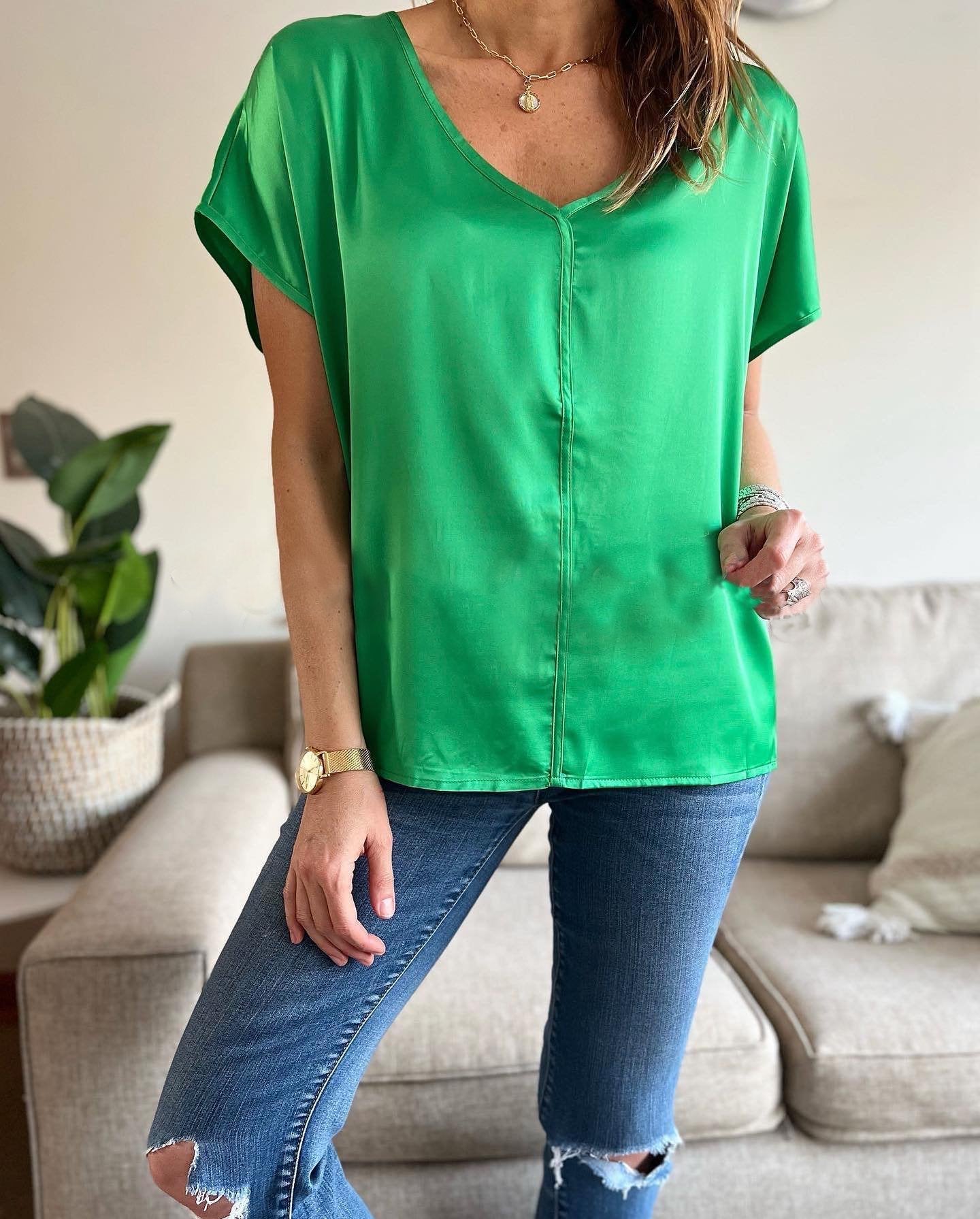 Women's Casual Solid Color V Neck Satin Blouse