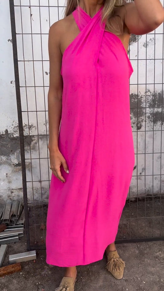 Casual Halterneck Cotton and Linen Dress