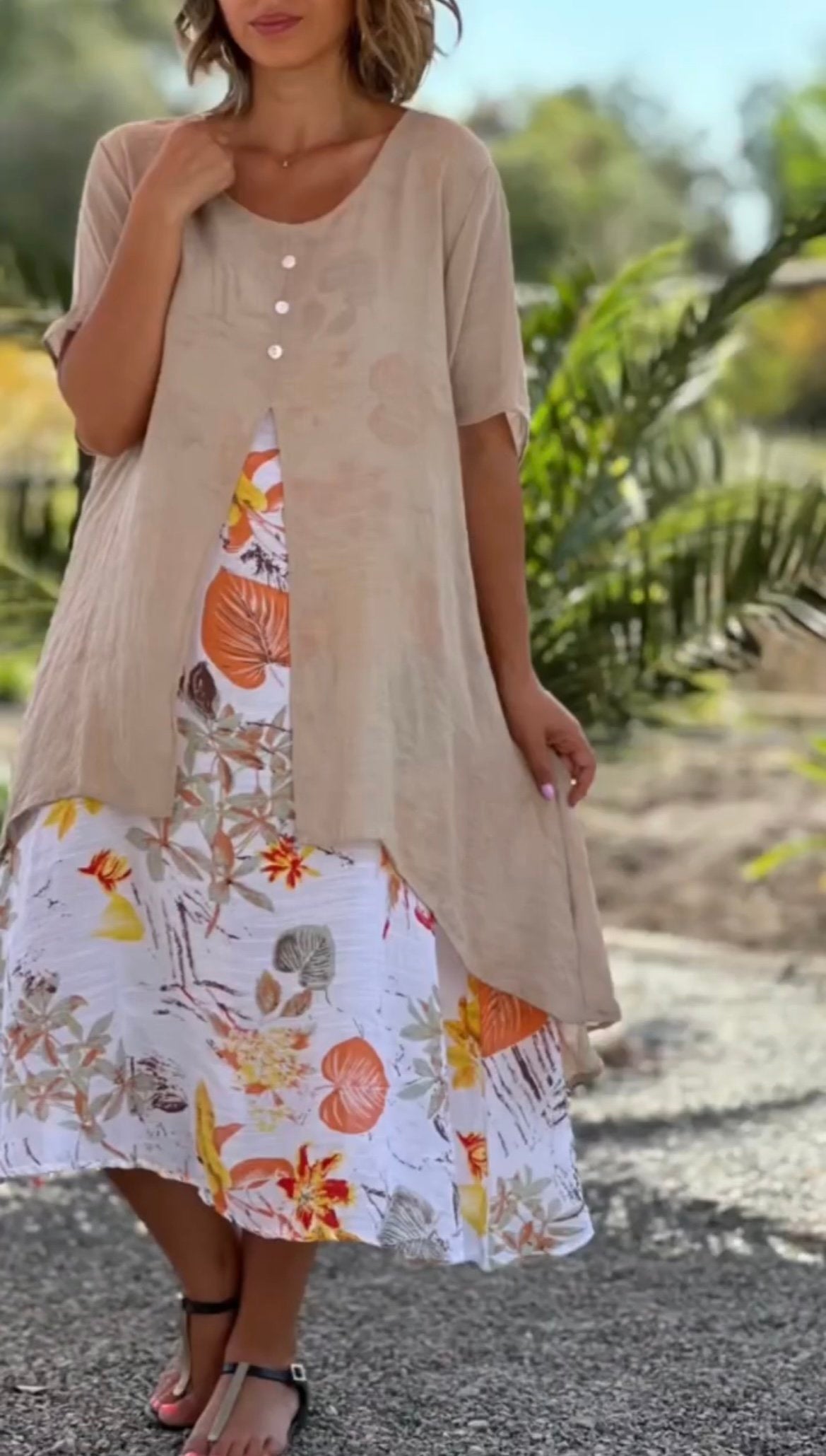 Women's Casual Floral Print Fake Two Pieces Linen Dress