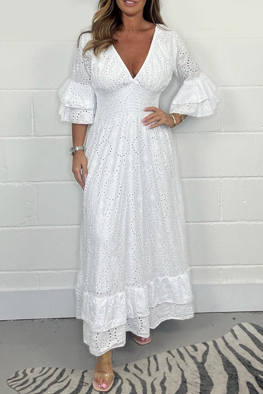 V-neck cotton cutout lace dress