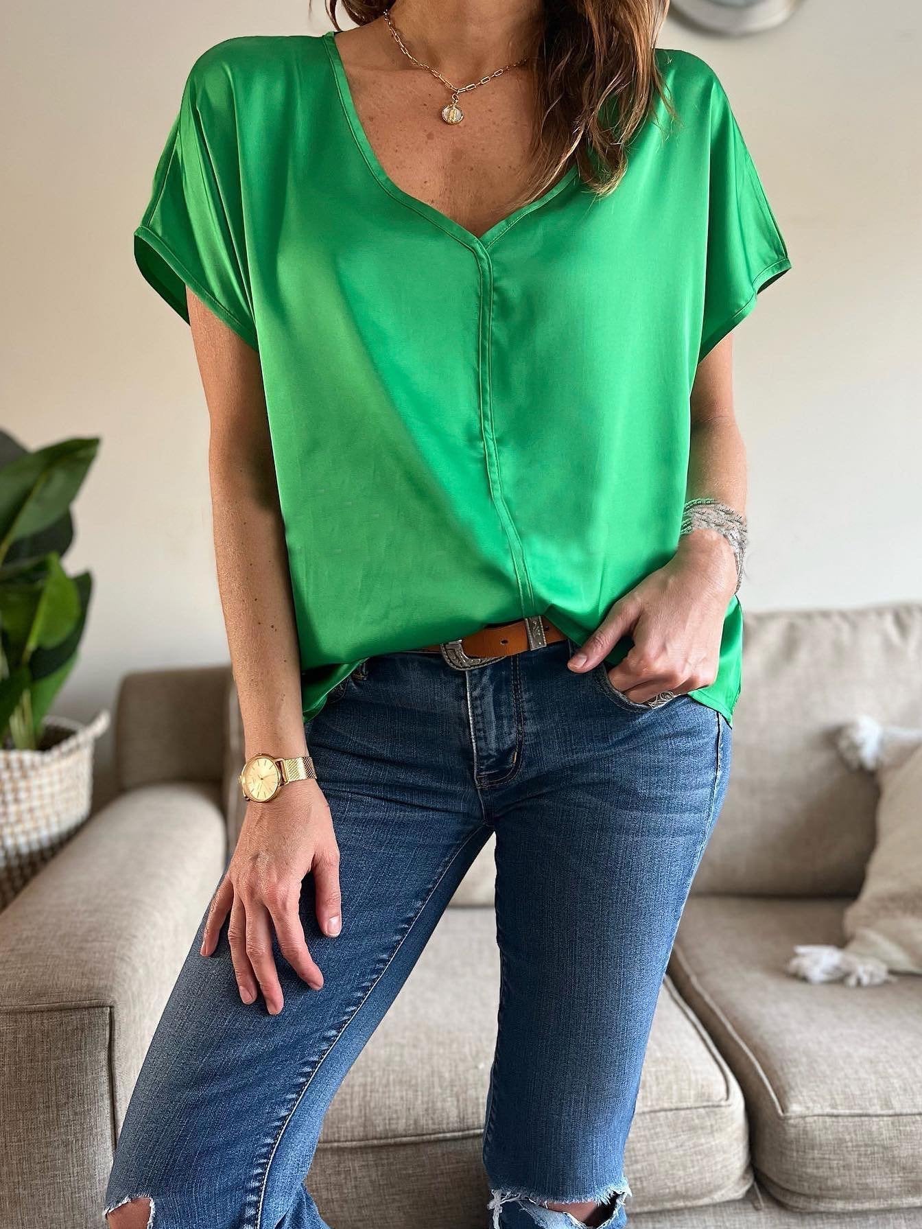 Women's Casual Solid Color V Neck Satin Blouse