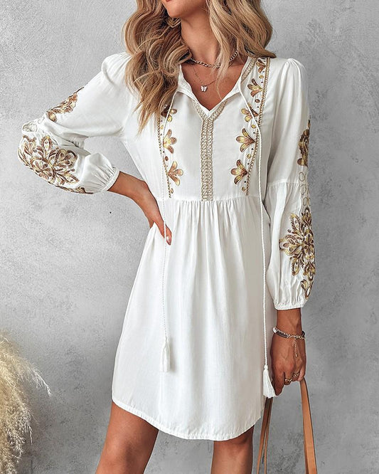 Women's Boho Floral Embroidery Tied Detail Casual Dress