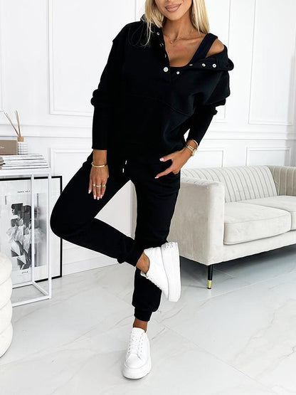 Women's Fashionable Solid Color Hooded Sweatshirt 3-piece Set