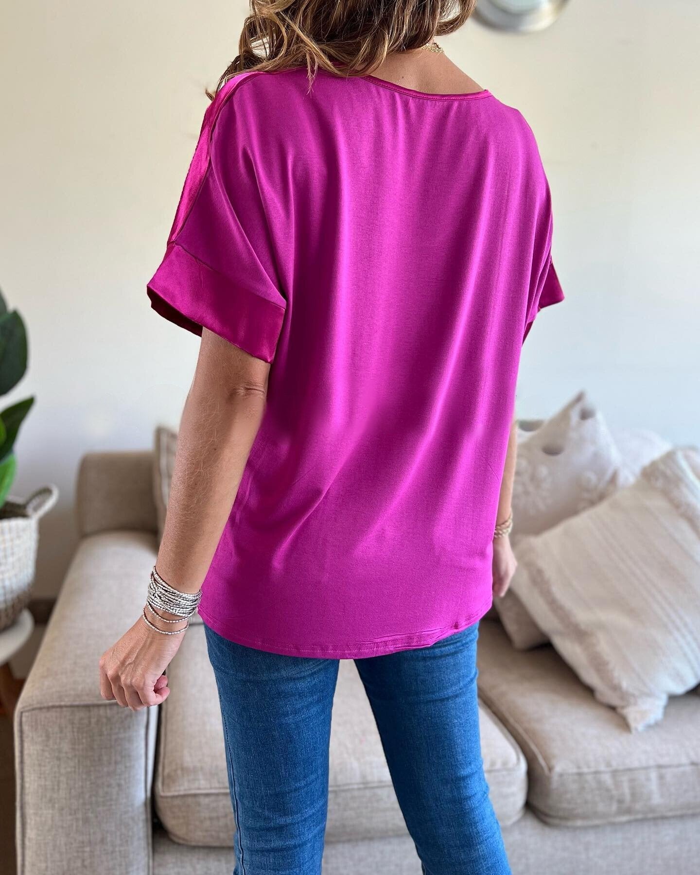 Women's Casual Solid Color V Neck Satin Blouse