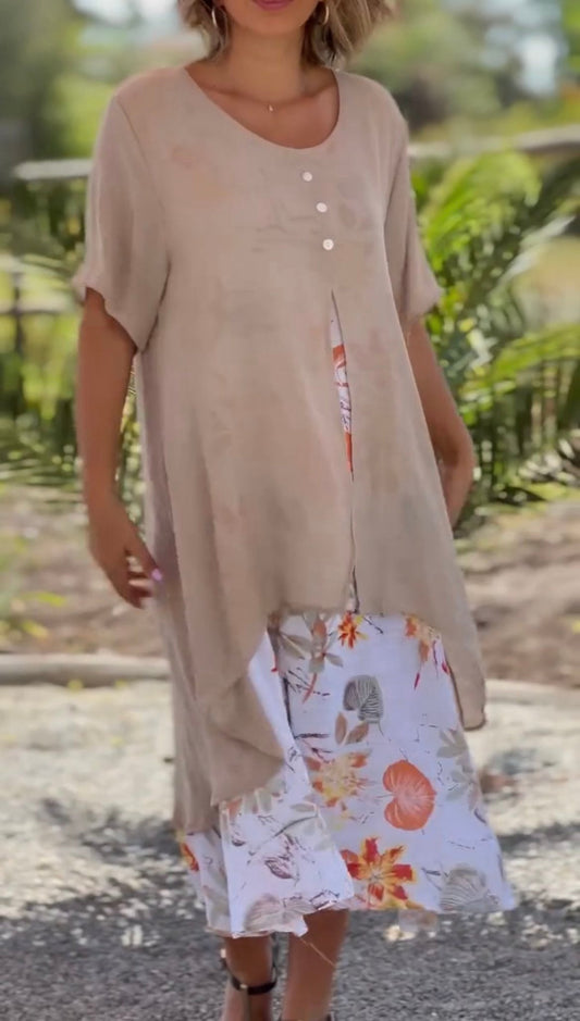 Women's Casual Floral Print Fake Two Pieces Linen Dress