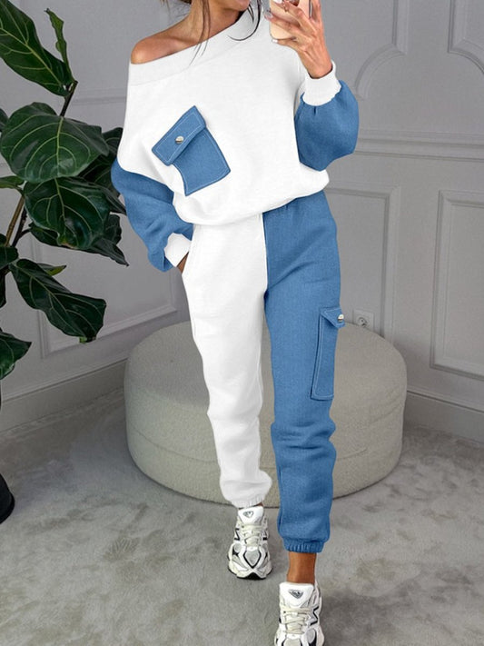Color Block Pocket Design Trousers and long sleeve sweatshirt suit