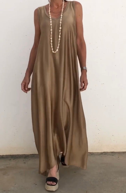 Women's Casual Solid Color V Neck Sleeveless Satin Dress