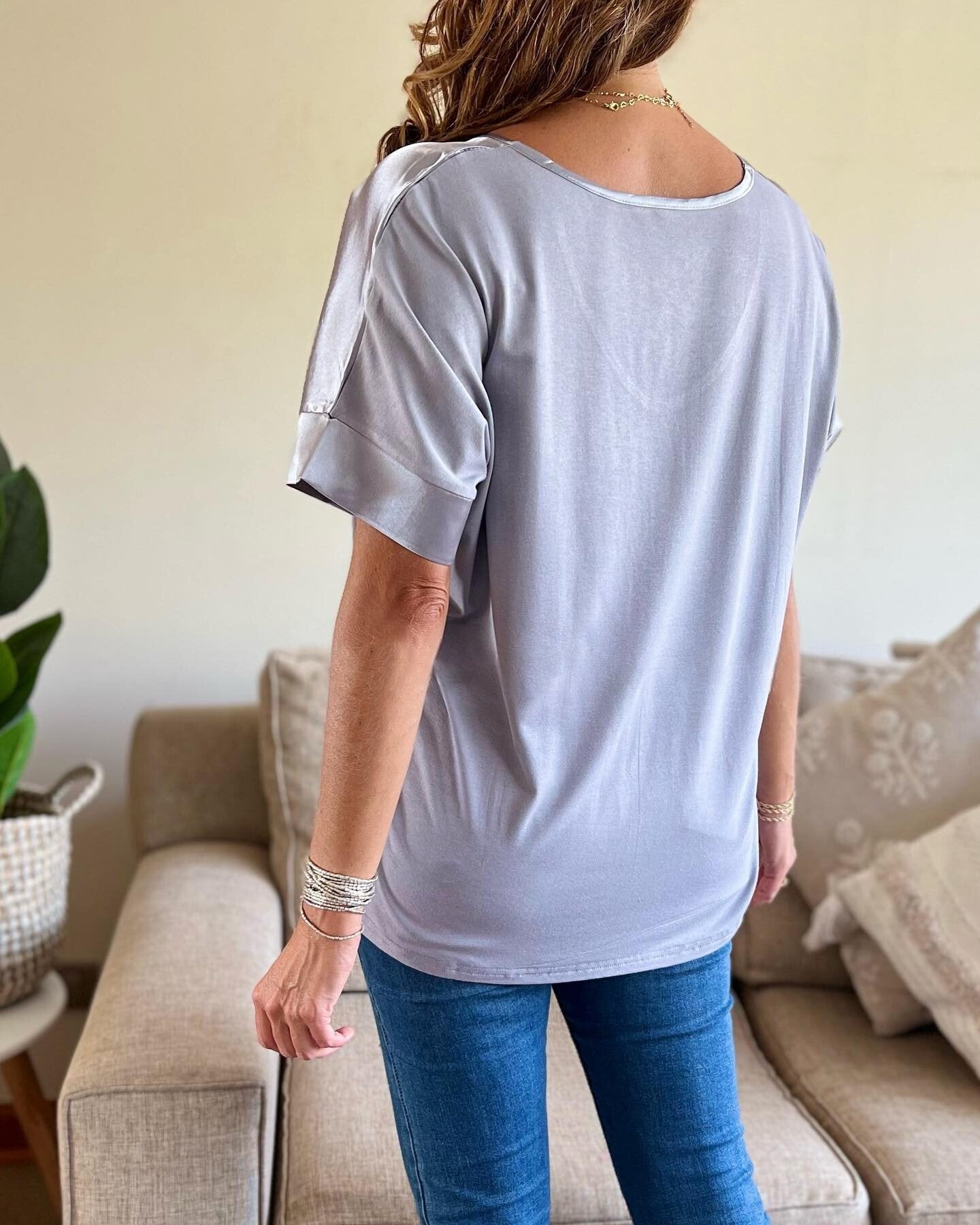 Women's Casual Solid Color V Neck Satin Blouse
