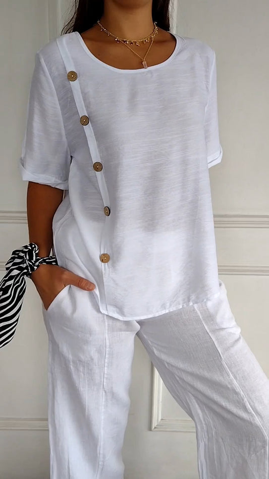 Button Round Neck Cotton and Linen Two-piece Set