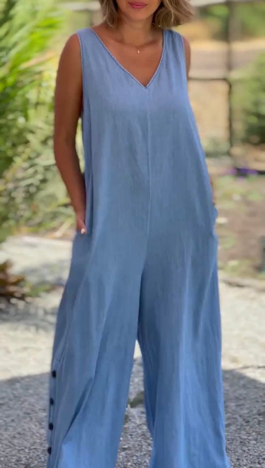 Women's Casual Fake Denim Wide Leg Jumpsuit