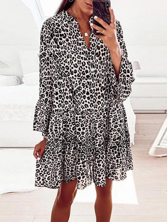 Printed long-sleeved loose V-neck patchwork dress