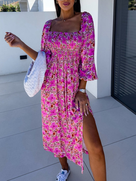 Women's Boho Floral Print Slit Casual Dress