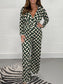 Women's irregular V-neck jumpsuit large size long sleeve slim printed wide-leg pants