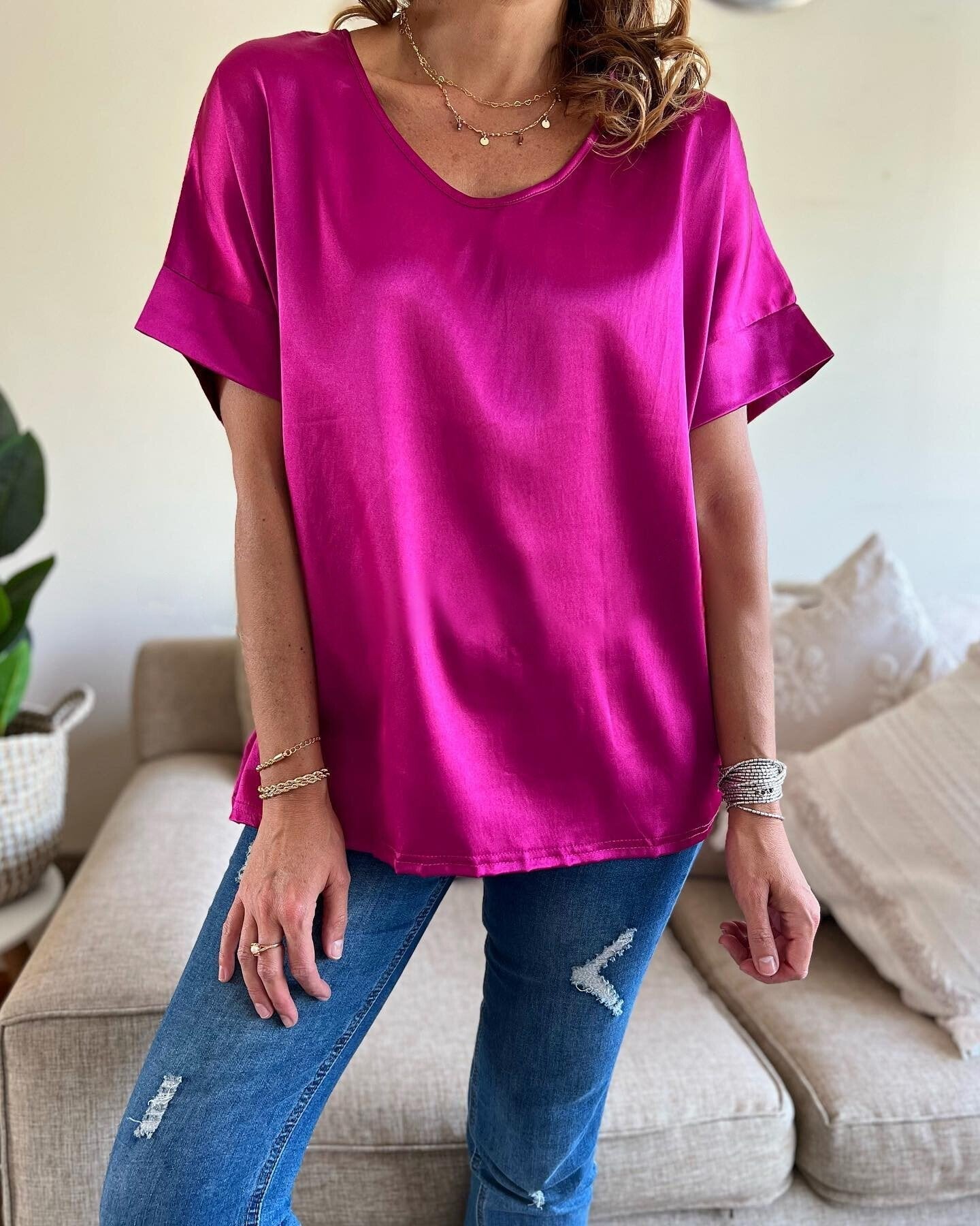 Women's Casual Solid Color V Neck Satin Blouse