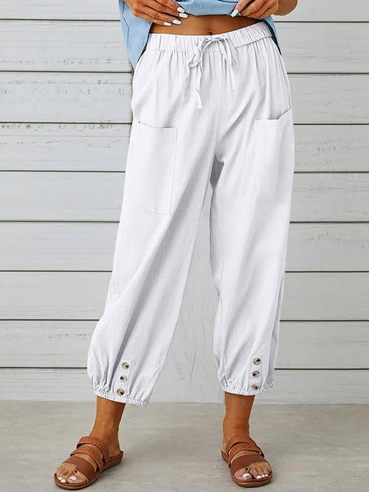 Women's pants High-waisted buttoned cotton hemp pants nine-point pants wide-legged