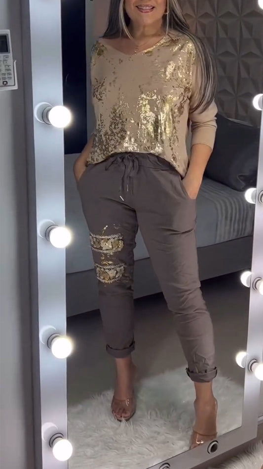 V-neck Hot Stamping Design Two-piece Suit