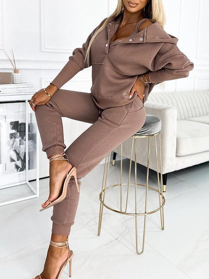 Women's Fashionable Solid Color Hooded Sweatshirt 3-piece Set