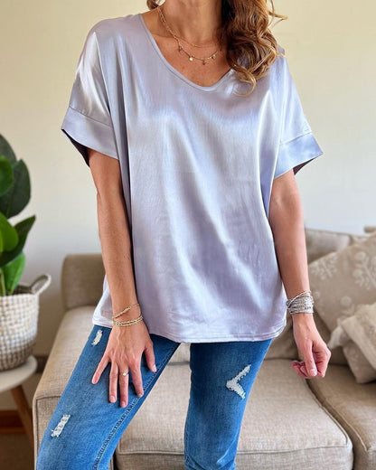 Women's Casual Solid Color V Neck Satin Blouse