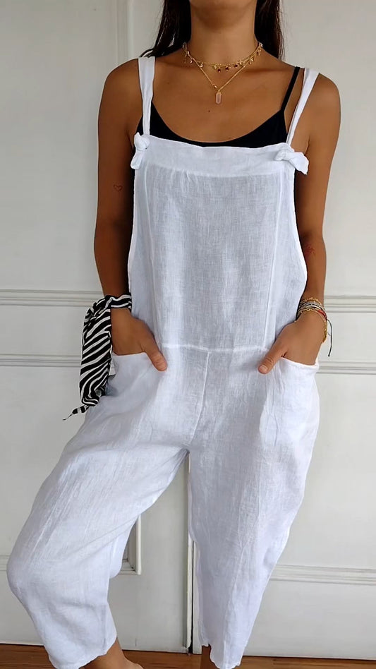 Solid Color Cotton and Linen Jumpsuit
