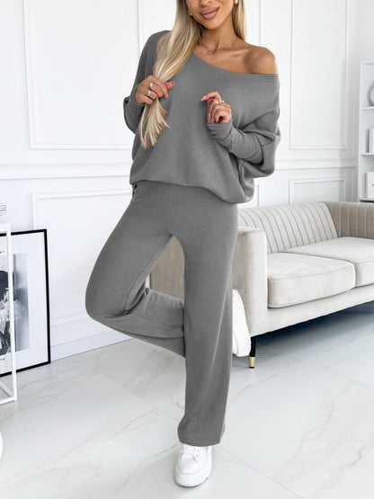 Women's Fashion Solid Color Batwing Sleeve Tops and Wide Leg Pants two-piece set