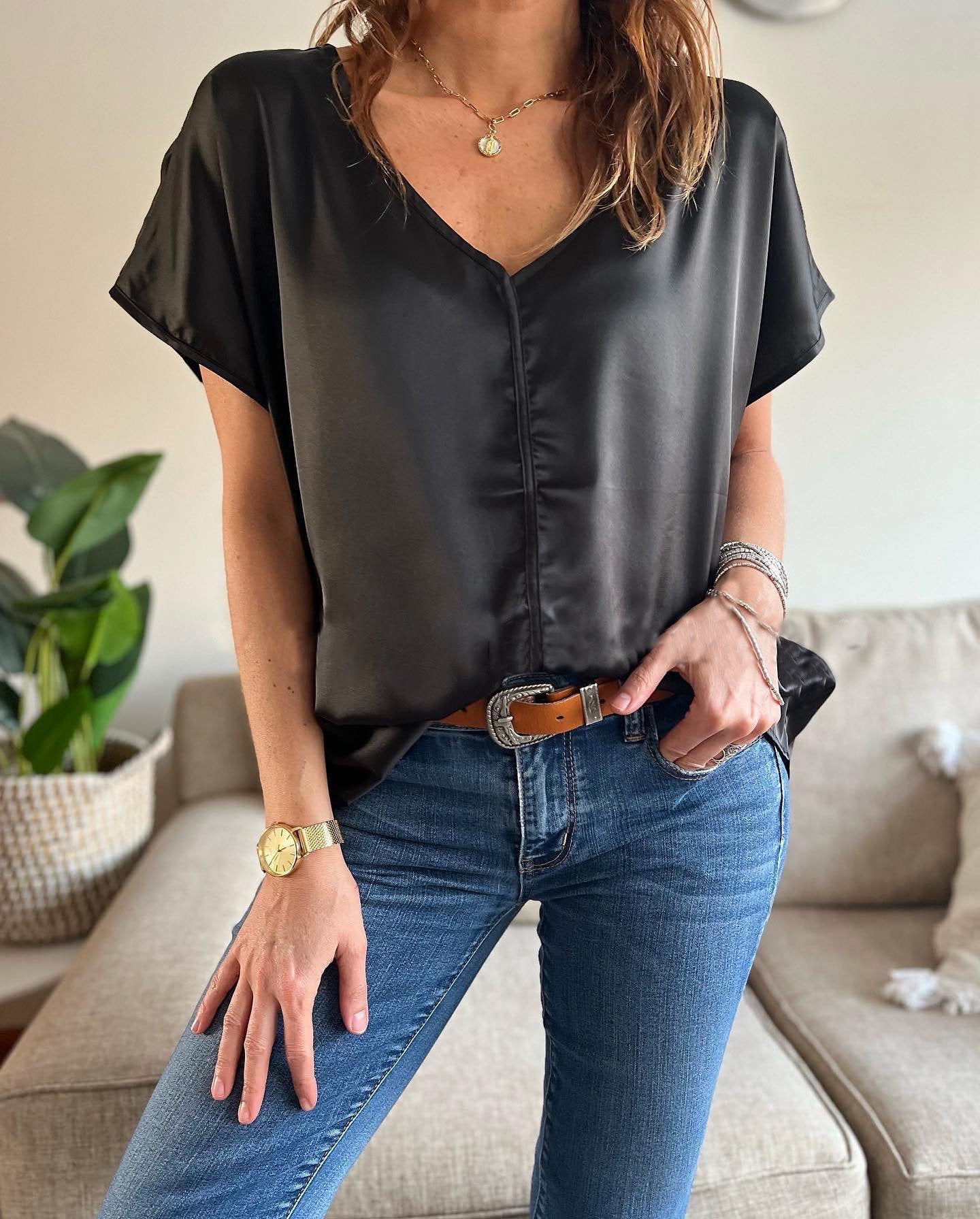 Women's Casual Solid Color V Neck Satin Blouse