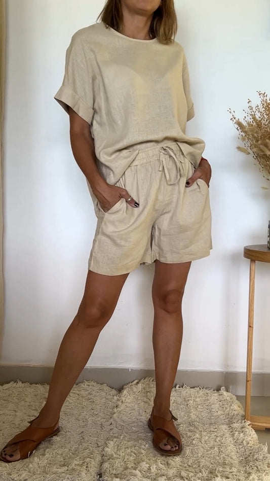 Cotton and Linen Round Neck Two-piece Suit