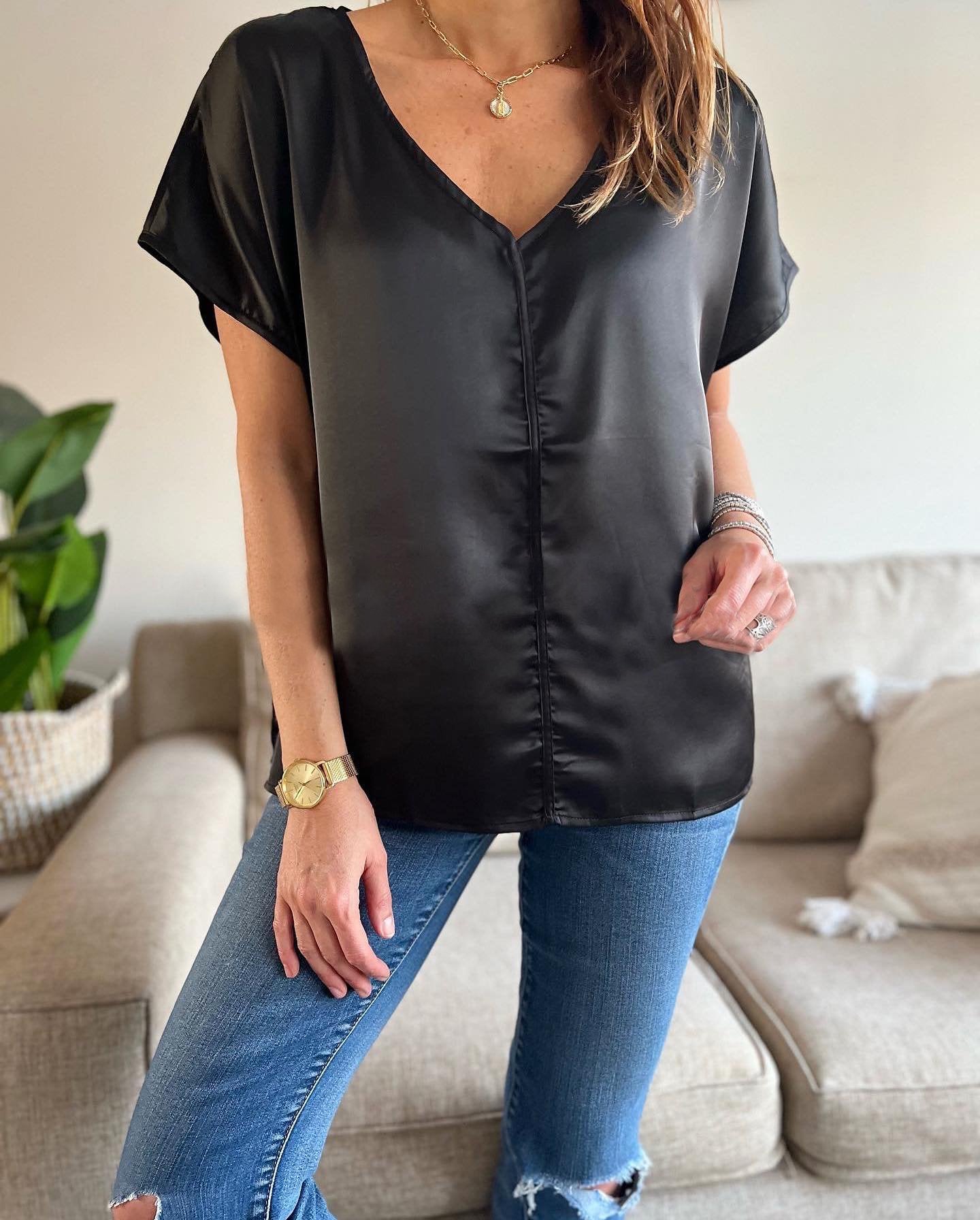 Women's Casual Solid Color V Neck Satin Blouse