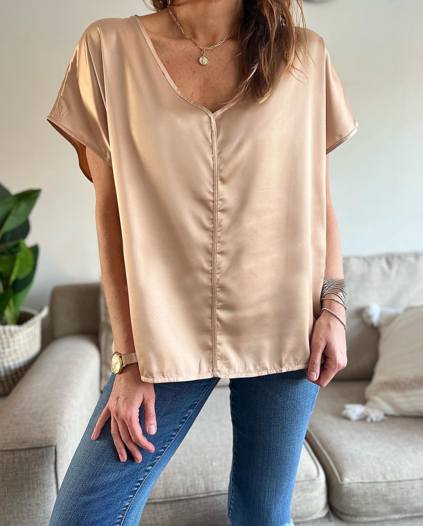 Women's Casual Solid Color V Neck Satin Blouse